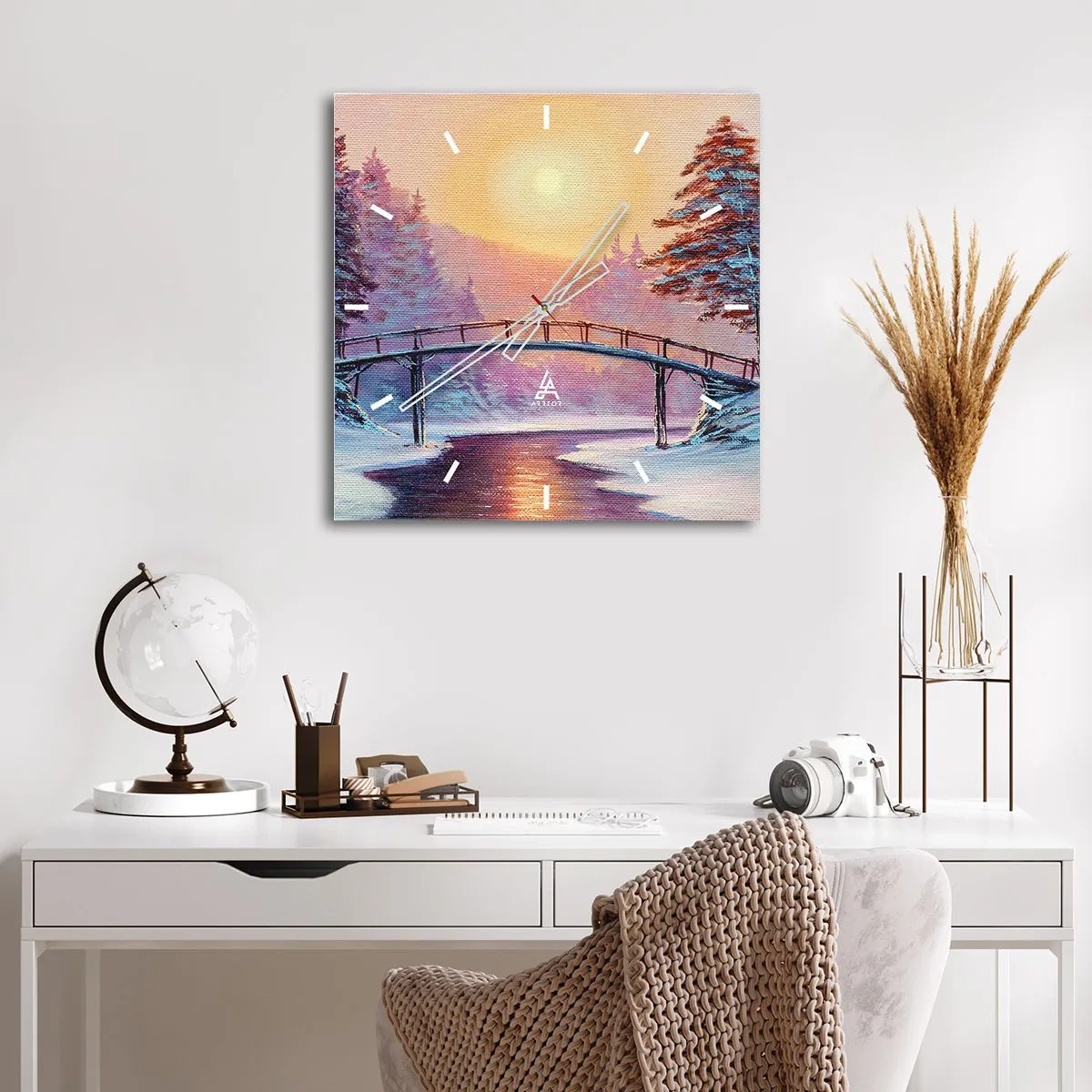Horloge murale - Pendule murale - Paysage d'hiver avec un pont illuminé par le coucher du soleil - 30x30cm - Quatre saisons - hiver - Décoration murale moderne pour le salon et la chambre ARTTOR