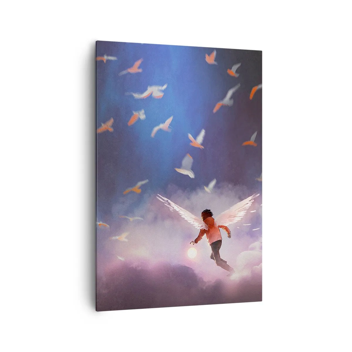 Impression sur toile - Image sur toile - Une figure avec des ailes d'ange flottant parmi les oiseaux dans le ciel - 70x100cm - Il faut de l'imagination et du courage - Décoration murale moderne pour le salon et la chambre ARTTOR