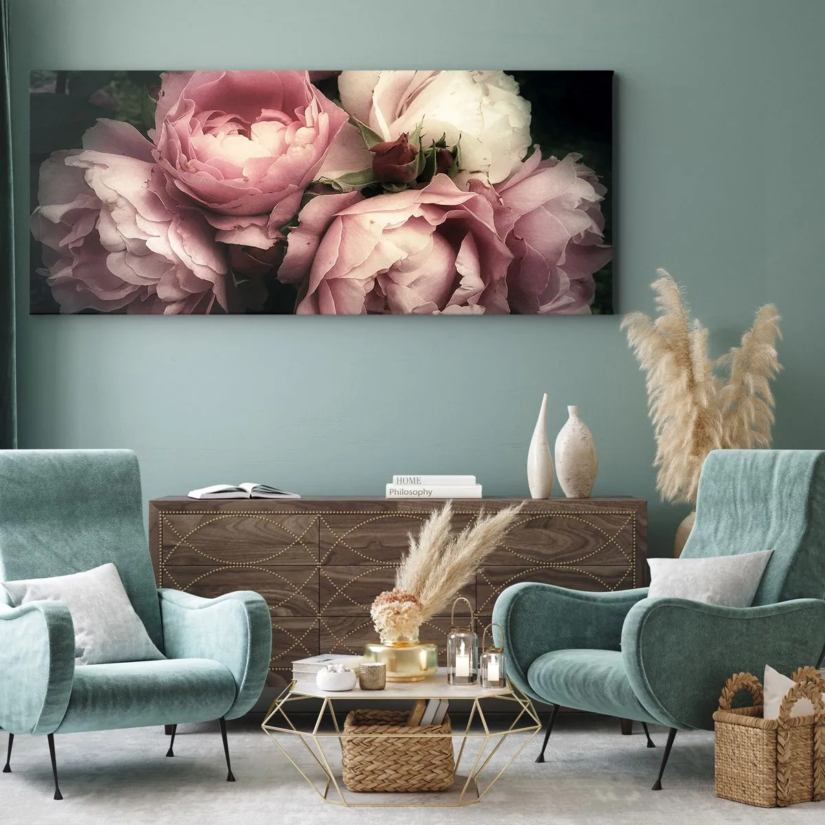 Impression sur toile - Image sur toile - Un bouquet de roses aux tons délicats de rose et de blanc - 160x50cm - Le charme de la belle époque - Décoration murale moderne pour le salon et la chambre ARTTOR
