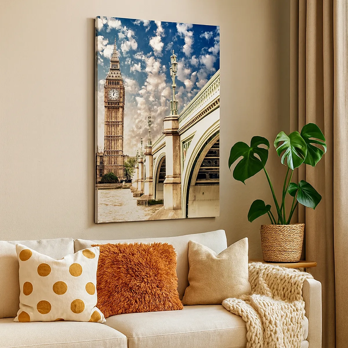 Impression sur toile - Image sur toile - Big Ben et le pont de Westminster illuminés par le soleil à Londres - 50x70cm - Nuages