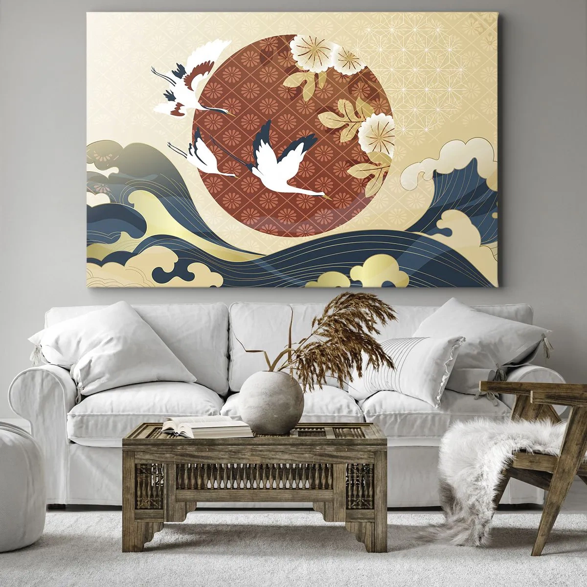 Impression sur toile - Image sur toile - Composition japonaise avec des grues et des vagues - 100x70cm - Conte japonnais - Décoration murale moderne pour le salon et la chambre ARTTOR