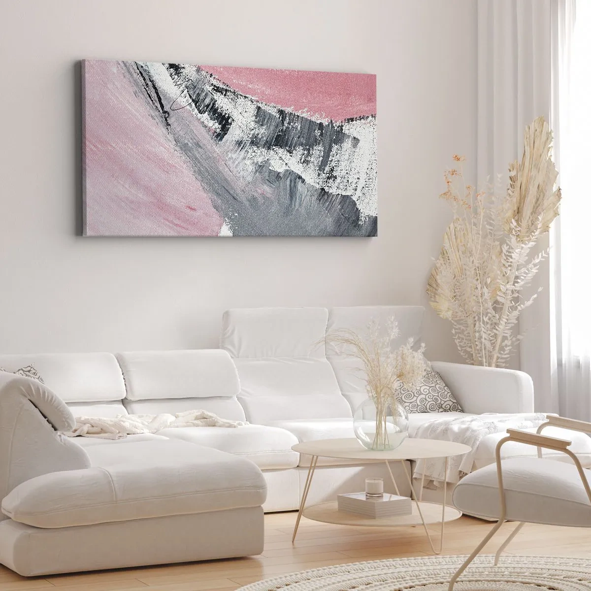 Impression sur toile - Image sur toile - Une composition abstraite dans les tons de rose et de gris. - 120x50cm - Composition assortie - Décoration murale moderne pour le salon et la chambre ARTTOR