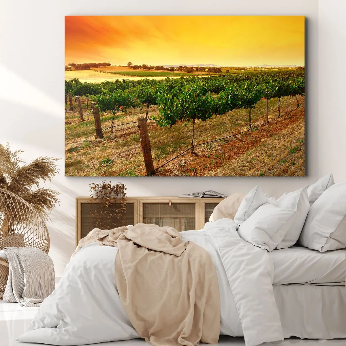 Impression sur toile - Image sur toile - Vignes dans une plantation au coucher du soleil doré - 120x80cm - S'abreuver du soleil - Décoration murale moderne pour le salon et la chambre ARTTOR