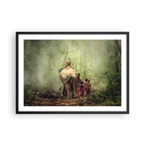 Affiche dans un cadre noir - Poster - Enfants avec un éléphant dans une forêt verte à la lumière du matin - 70x50cm - Nouveau livre de la jungle - Décoration murale moderne pour le salon et la chambre ARTTOR