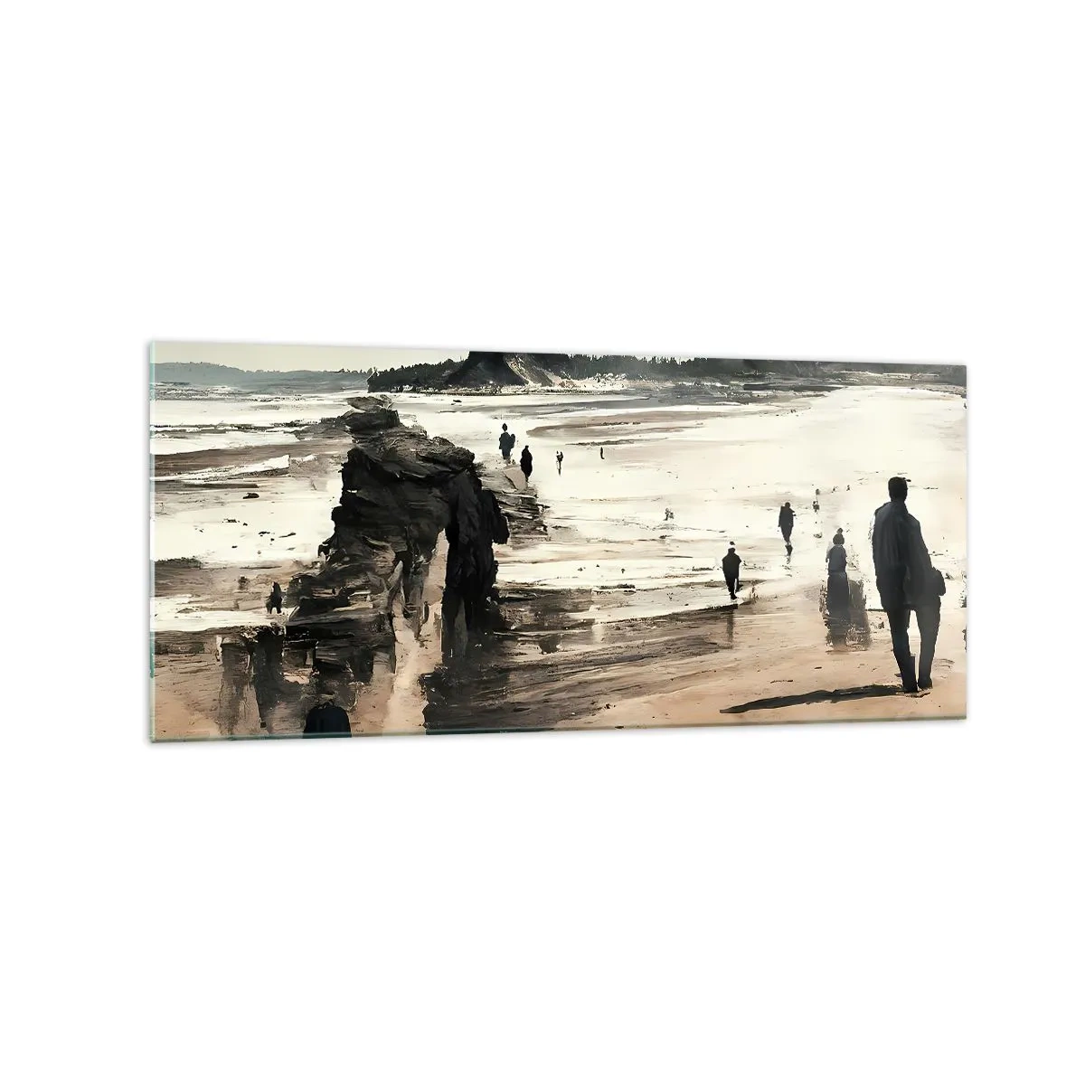 Impression sur verre - Image sur verre - Promeneurs sur la plage dans un paysage paisible - 120x50cm - Invoqué - Décoration murale moderne pour le salon et la chambre ARTTOR