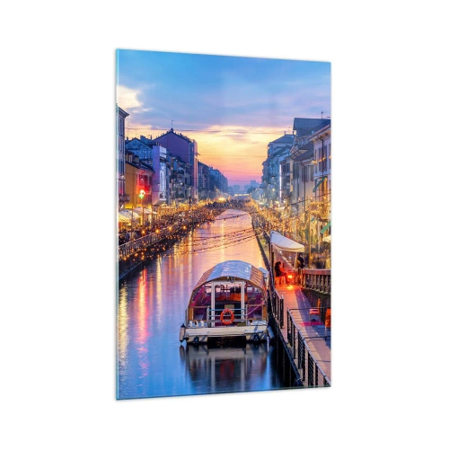 Impression sur verre - Image sur verre - Un canal éclairé entouré de bâtiments colorés - 70x100cm - Soirée de lumière et de jeu - Décoration murale moderne pour le salon et la chambre ARTTOR
