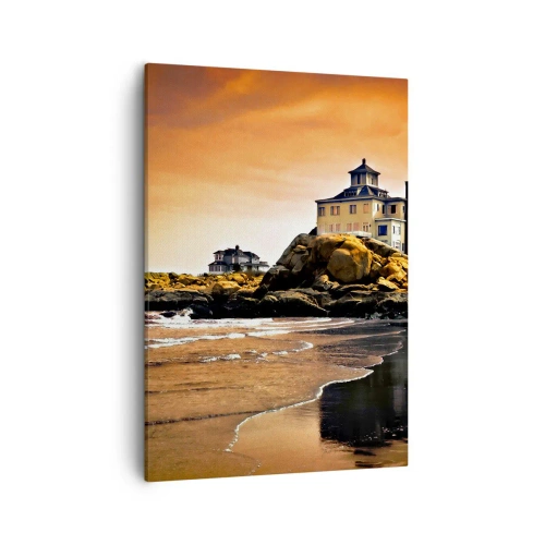 Impression sur toile - Image sur toile - Une maison sur un rocher près de la plage au coucher du soleil avec son reflet dans l'eau - 50x70cm - L'élégance de la côte ouest - Décoration murale moderne pour le salon et la chambre ARTTOR