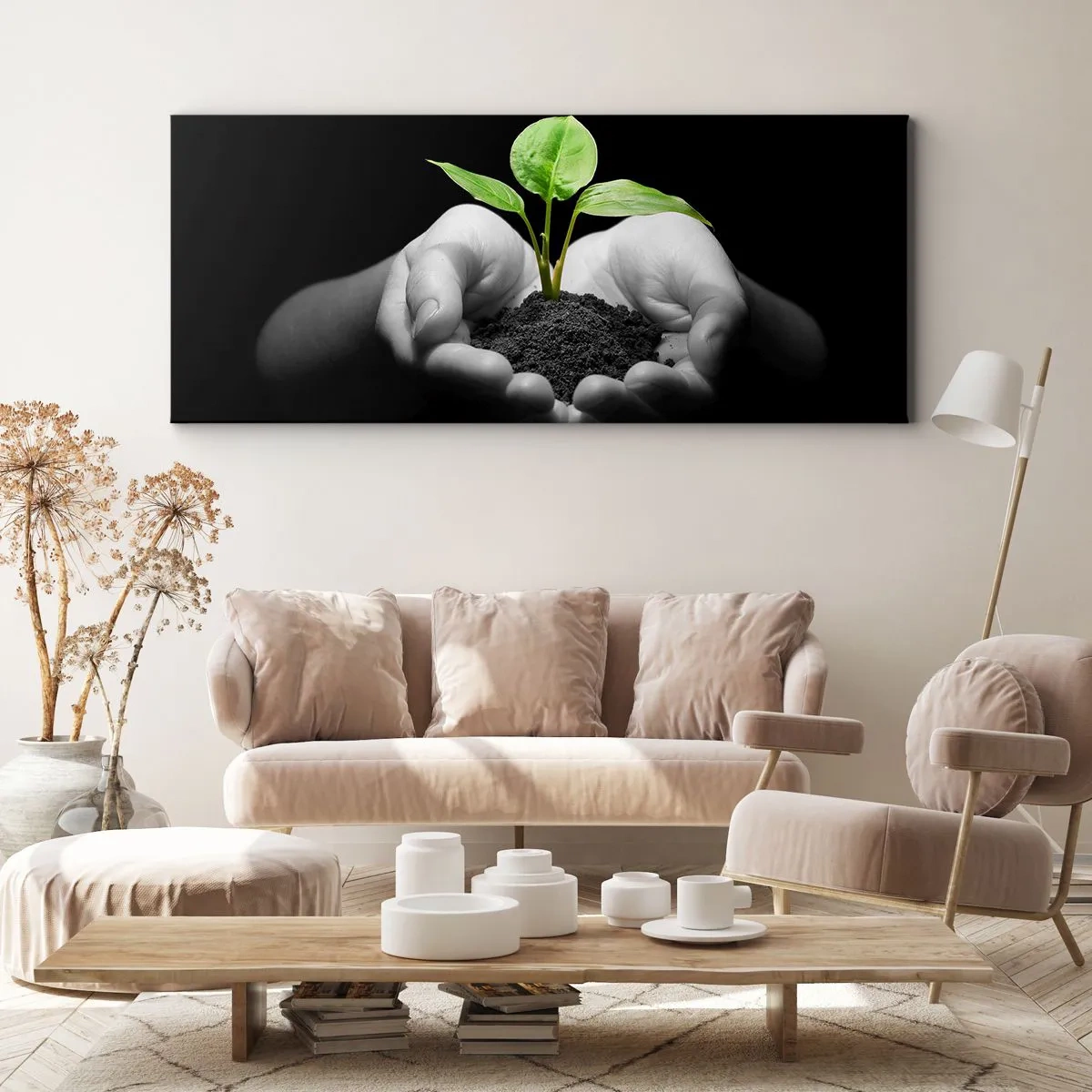 Impression sur toile - Image sur toile - Mains tenant une plante verte sur fond noir - 120x50cm - J'aime la nature, je la protège - Décoration murale moderne pour le salon et la chambre ARTTOR