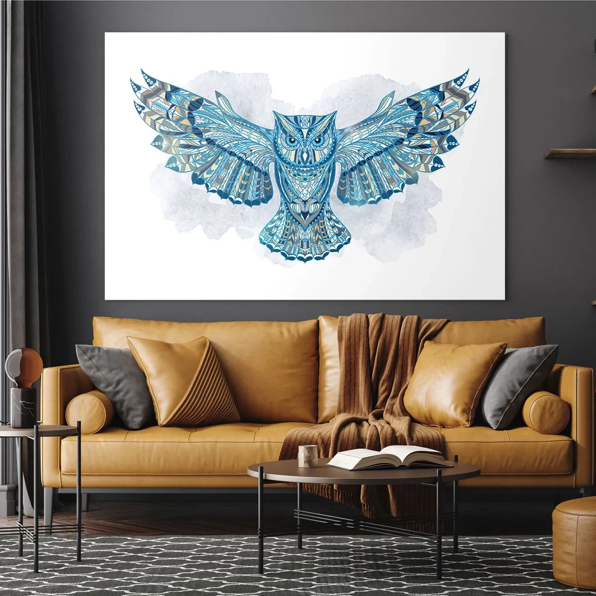 Impression sur verre - Image sur verre - Chouette bleue aux ailes déployées de style géométrique - 120x80cm - D'un bosquet sacré celtique - Décoration murale moderne pour le salon et la chambre ARTTOR