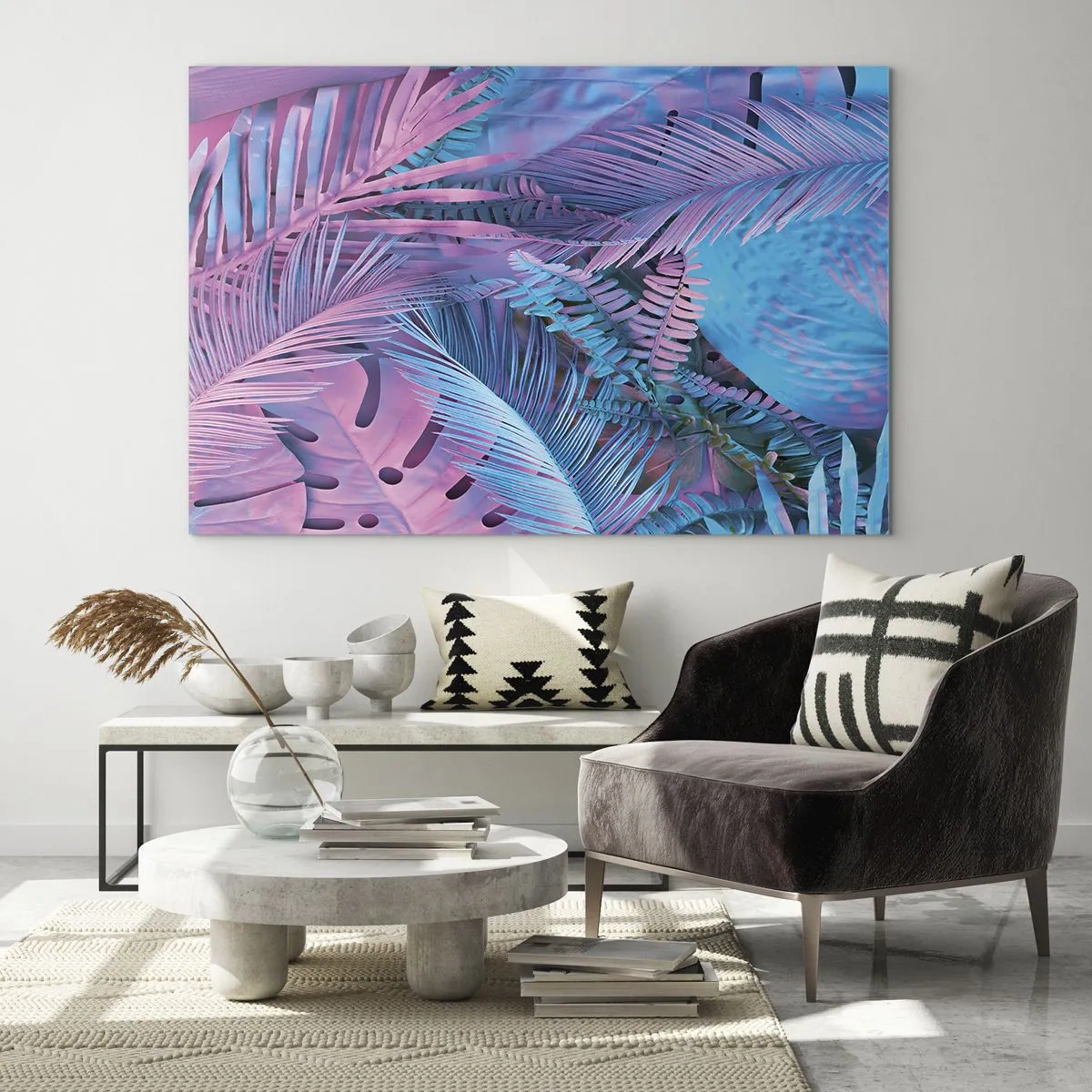 Impression sur verre - Image sur verre - Feuilles tropicales dans des tons de rose et de bleu sur un fond néon - 100x70cm - Les tropiques en rose et bleu - Décoration murale moderne pour le salon et la chambre ARTTOR