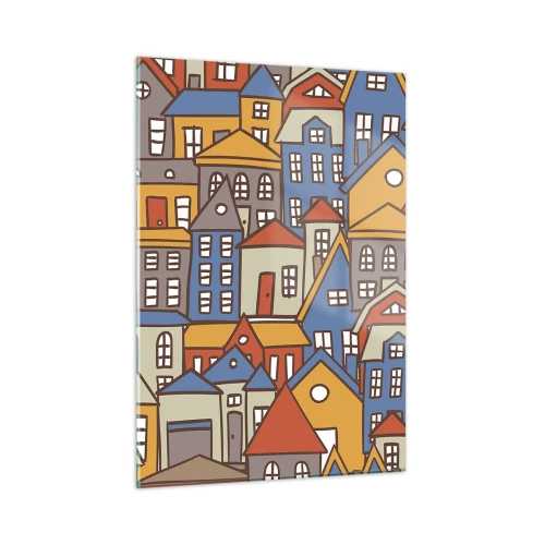 Impression sur verre - Image sur verre - Des maisons colorées dans un style graphique créent un paysage joyeux - 50x70cm - Derrière la maison, une maison - Décoration murale moderne pour le salon et la chambre ARTTOR