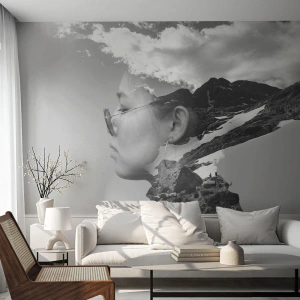 Papier Peint Photo Premium Canvas - Portrait de montagnes et nuages - Abstraction, Tête de femme, Fantaisie - 400x280 cm