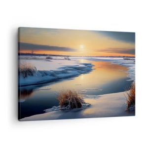 Impression sur toile - Image sur toile - Paysage d'hiver avec une rivière au coucher du soleil - 70x50cm - Coucher de soleil d'hiver - Décoration murale moderne pour le salon et la chambre ARTTOR