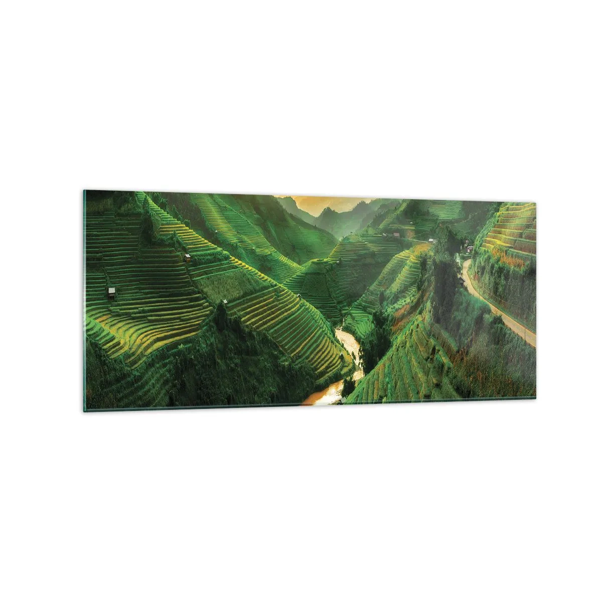 Impression sur verre - Image sur verre - Rizières en terrasses pittoresques dans une vallée verdoyante illuminée par le soleil couchant - 120x50cm - Vallée vietnamienne - Décoration murale moderne pour le salon et la chambre ARTTOR