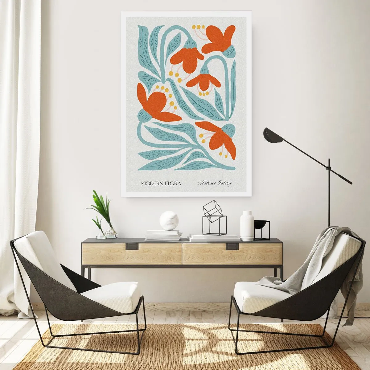 Affiche - Poster - Fleurs décoratives dans les tons orange et bleu - 50x70cm - Vers la terre, vers le soleil - Décoration murale moderne pour le salon et la chambre ARTTOR