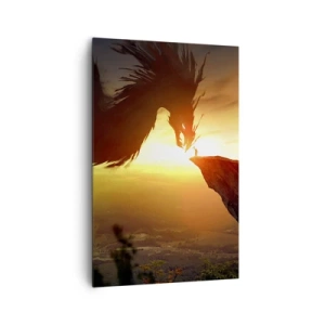 Impression sur toile - Image sur toile - Un dragon et un homme sur un rocher dans la lueur du soleil couchant - 80x120cm - Chasseur de dragon - Décoration murale moderne pour le salon et la chambre ARTTOR