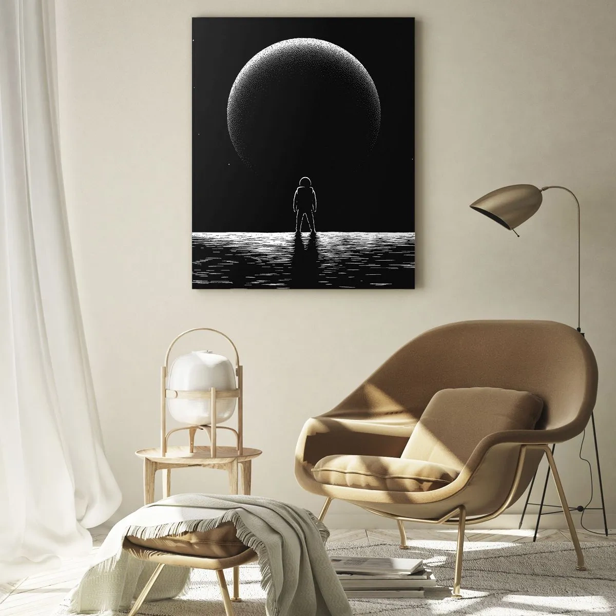 Impression sur verre - Image sur verre - Astronaute debout devant une planète en noir et blanc - 50x70cm - Face à face - Décoration murale moderne pour le salon et la chambre ARTTOR