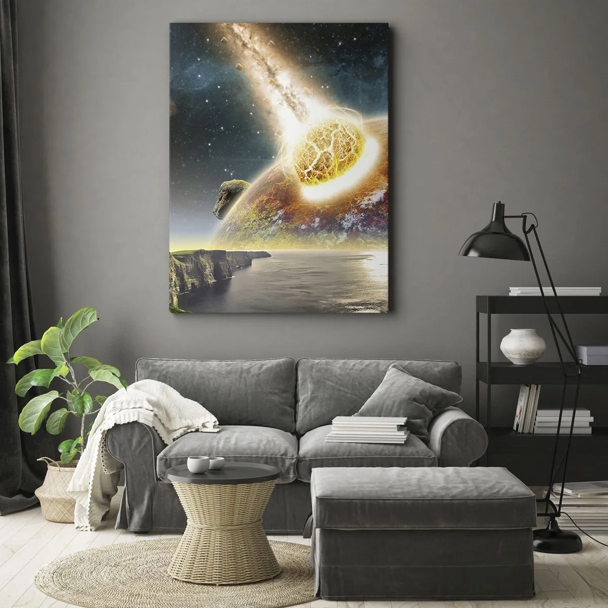 Impression sur toile - Image sur toile - Une météorite entre en collision avec une planète dans un paysage cosmique. - 70x100cm - Drame spatial - Décoration murale moderne pour le salon et la chambre ARTTOR