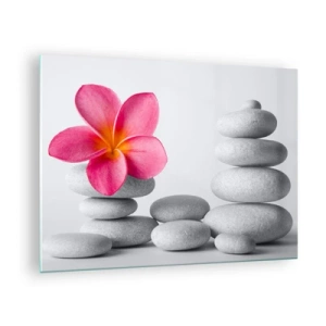 Impression sur verre - Image sur verre - Une fleur rose contre un tas de pierres blanches - 70x50cm - Pierre sur pierre, et sur cette pierre... - Décoration murale moderne pour le salon et la chambre ARTTOR