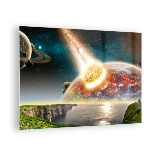 Impression sur verre - Image sur verre - Une météorite entre en collision avec une planète dans l'espace. - 70x50cm - Drame spatial - Décoration murale moderne pour le salon et la chambre ARTTOR
