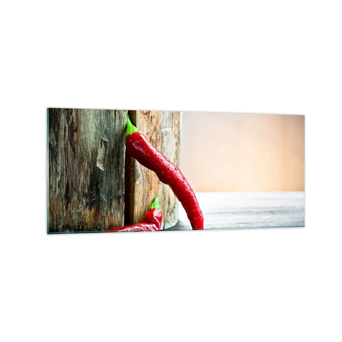 Impression sur verre - Image sur verre - Deux piments rouges sur un fond en bois avec un accent rustique - 120x50cm - Red hot chili peppers - Décoration murale moderne pour le salon et la chambre ARTTOR