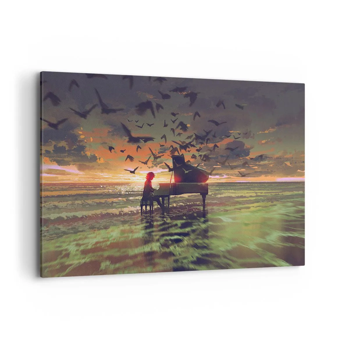 Impression sur toile - Image sur toile - Un piano au bord de la mer au coucher du soleil avec des oiseaux - 120x80cm - Concert pour piano et vagues - Décoration murale moderne pour le salon et la chambre ARTTOR