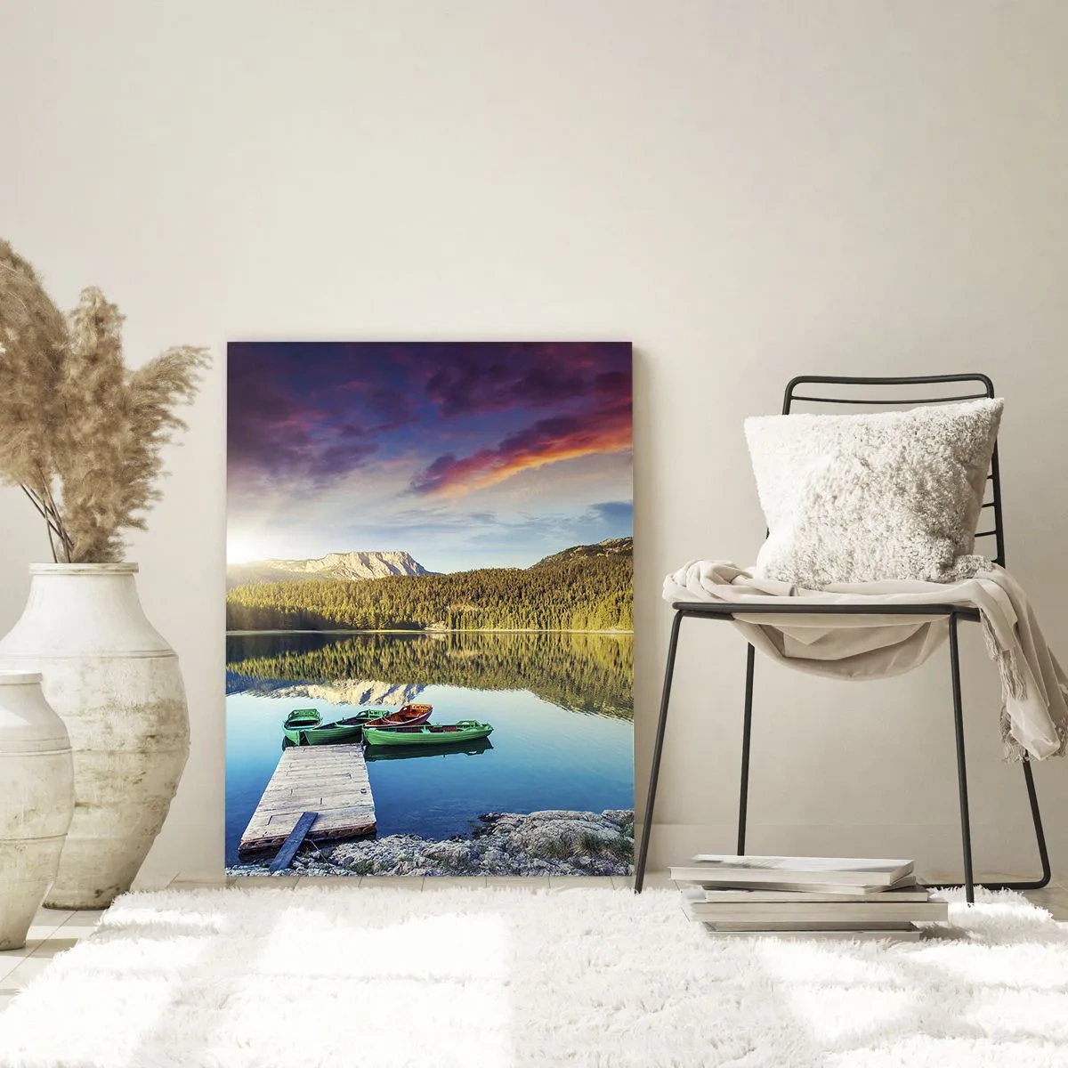 Impression sur verre - Image sur verre - Coucher de soleil sur le lac avec des bateaux à l'embarcadère - 70x100cm - Aussi lisse qu'un miroir au-dessus de l'eau - Décoration murale moderne pour le salon et la chambre ARTTOR