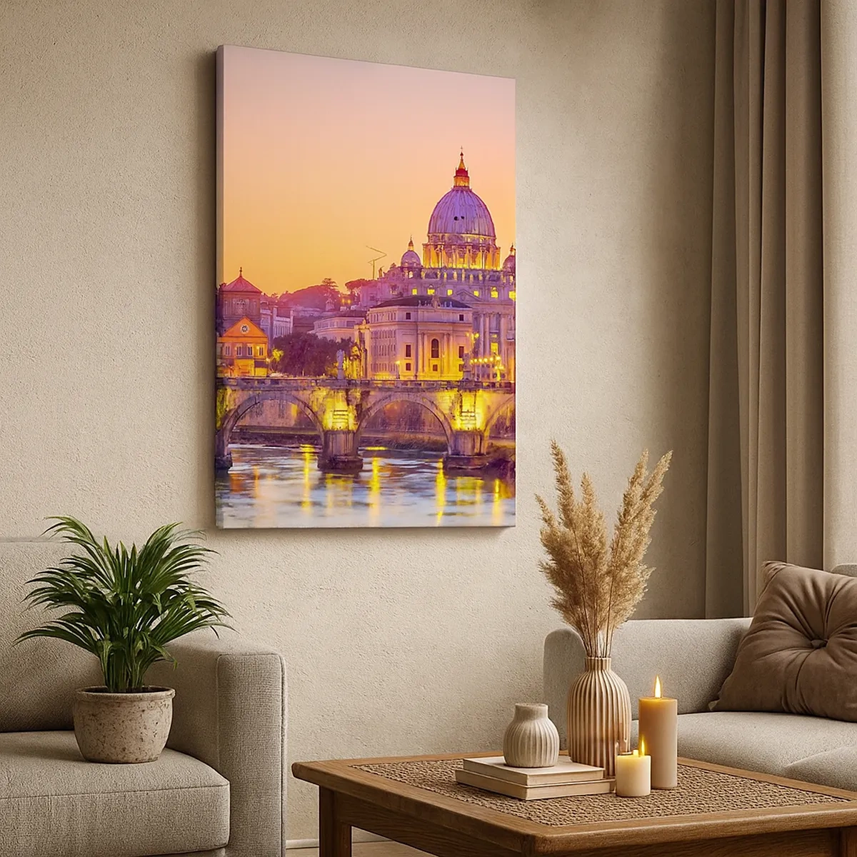 Impression sur toile - Image sur toile - Panorama du Vatican au coucher du soleil avec un pont sur la rivière - 50x70cm - Coucher de soleil sur la ville éternelle - Décoration murale moderne pour le salon et la chambre ARTTOR