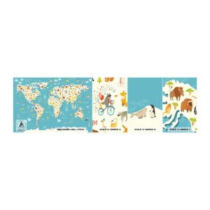 Échantillon De Papier Peint Standard Eco - Nous aimons le monde entier - Carte du monde, Animaux, Pour les enfants - 100x30 cm