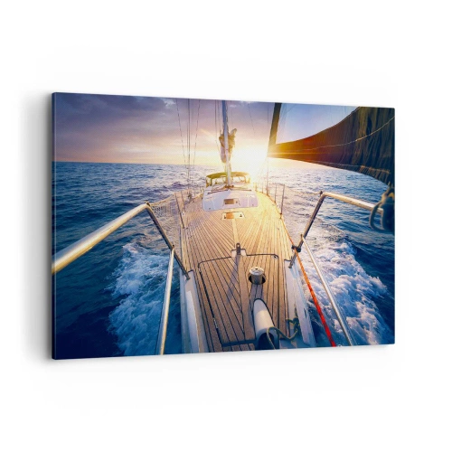 Impression sur toile - Image sur toile - Yacht en mer au coucher du soleil - 120x80cm - Courir sur les vagues - Décoration murale moderne pour le salon et la chambre ARTTOR