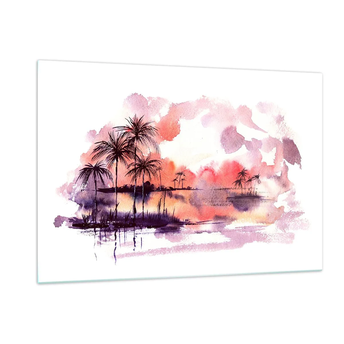 Impression sur verre - Image sur verre - Paysage tropical au coucher du soleil à l'aquarelle - 120x80cm - La tranquillité des tropiques en rouge - Décoration murale moderne pour le salon et la chambre ARTTOR