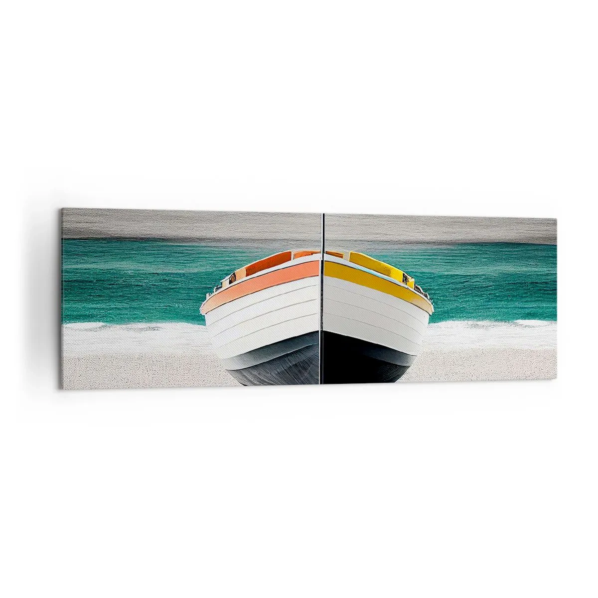 Impression sur toile - Image sur toile - Un bateau sur la plage avec une mer turquoise en arrière-plan - 160x50cm - A sa place - Décoration murale moderne pour le salon et la chambre ARTTOR