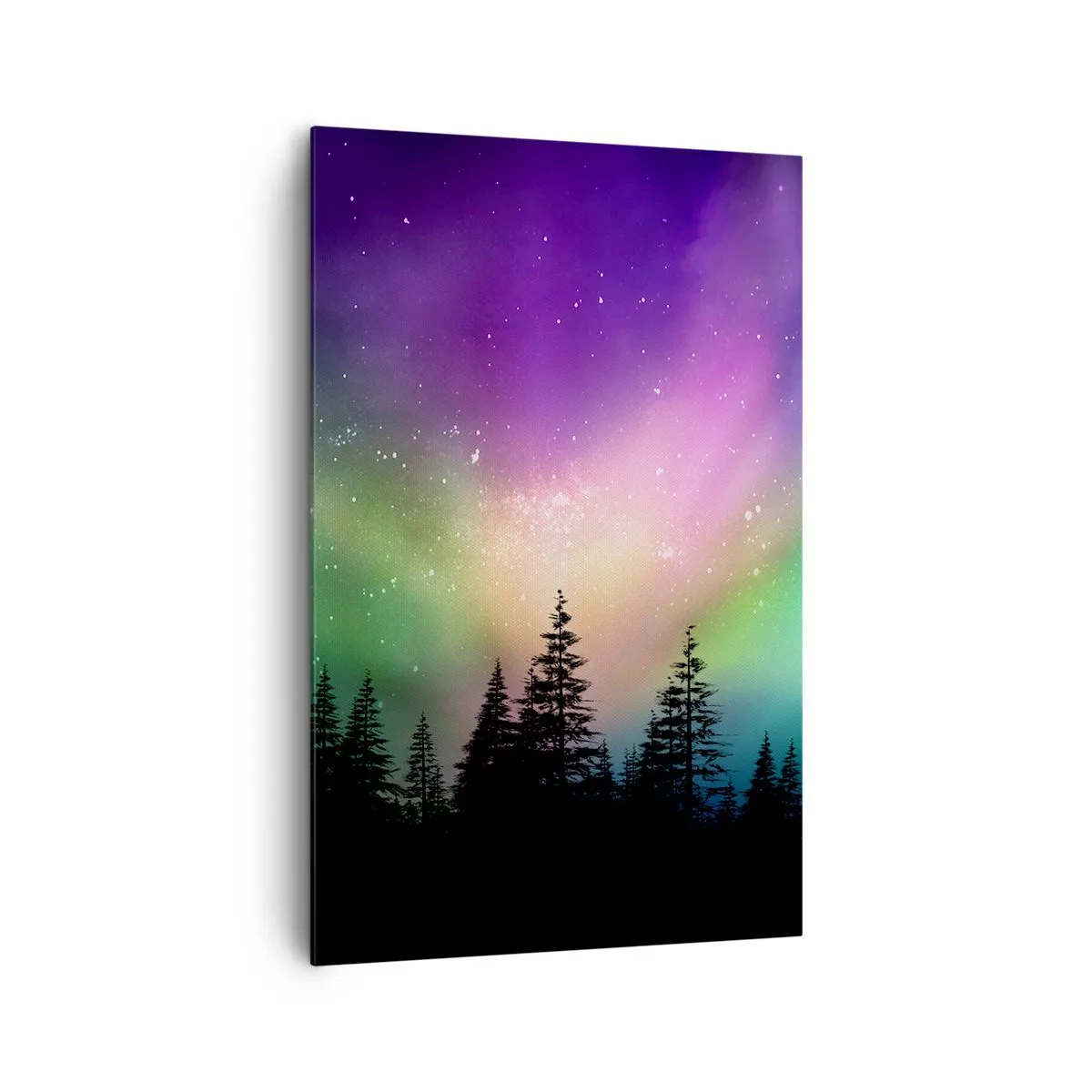 Impression sur toile - Image sur toile - Aurore boréale au-dessus d'une forêt avec un ciel étoilé - 80x120cm - Magie blanche - Décoration murale moderne pour le salon et la chambre ARTTOR