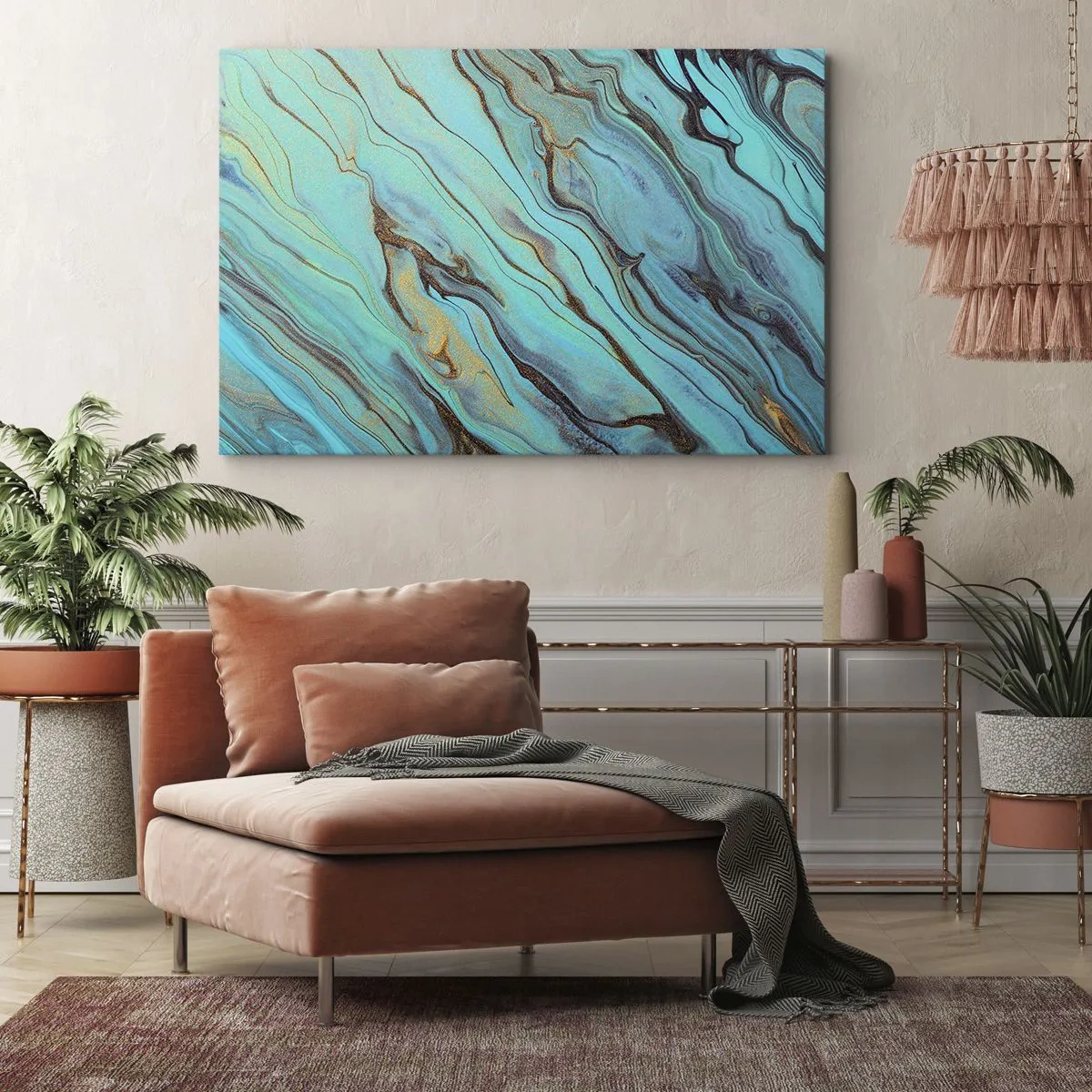 Impression sur toile - Image sur toile - Vagues abstraites dans des tons turquoise et or - 70x50cm - Marée turquoise - Décoration murale moderne pour le salon et la chambre ARTTOR