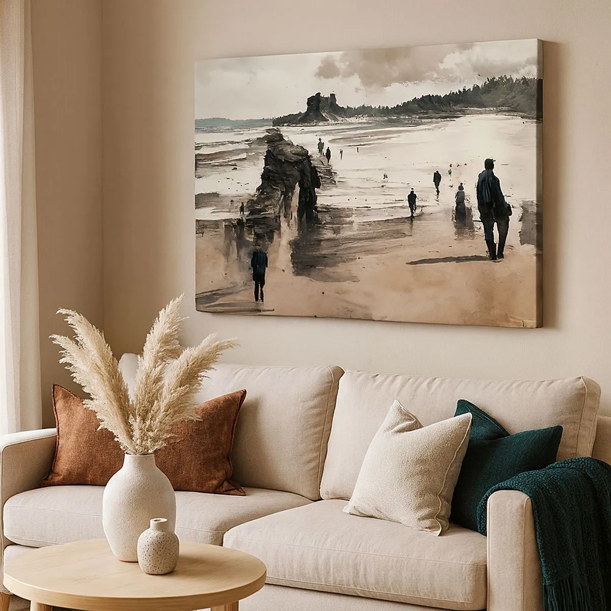 Impression sur toile - Image sur toile - Promeneurs sur la plage dans un paysage paisible - 70x50cm - Invoqué - Décoration murale moderne pour le salon et la chambre ARTTOR