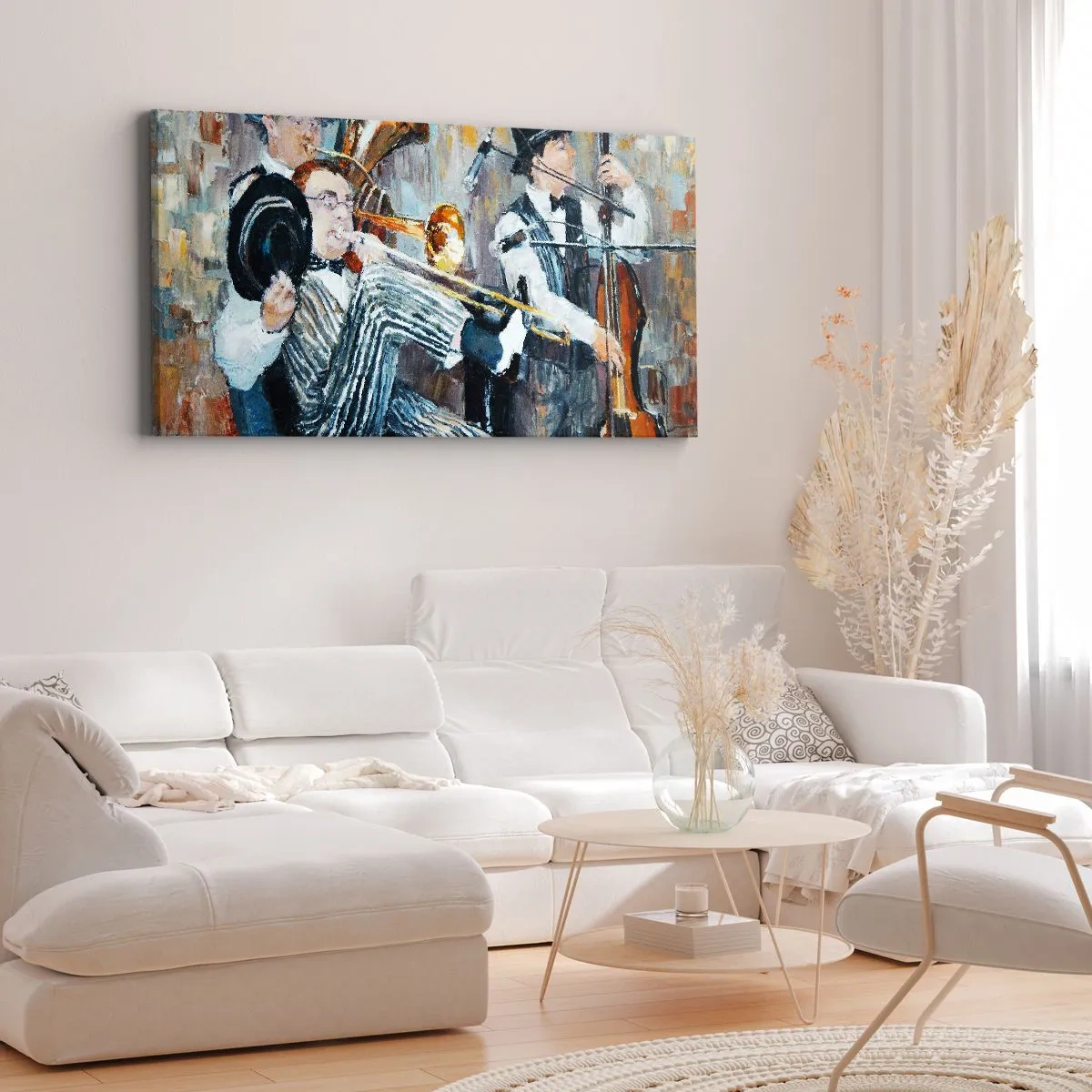 Impression sur toile - Image sur toile - Des musiciens de jazz dans un style pictural lors d'un concert - 160x50cm - C'est tout le Jazz - Décoration murale moderne pour le salon et la chambre ARTTOR