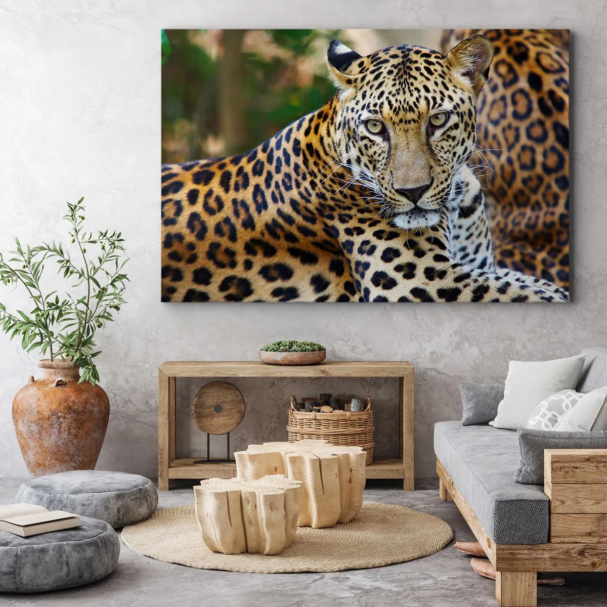 Impression sur toile - Image sur toile - Jaguar au repos dans un environnement naturel avec un fond vert. - 70x50cm - Sauvage et calme - Décoration murale moderne pour le salon et la chambre ARTTOR