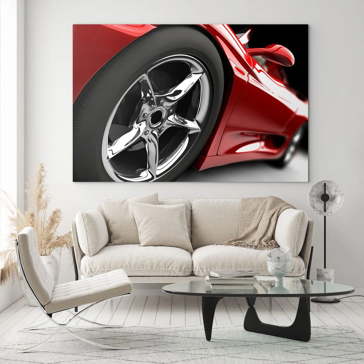 Impression sur verre - Image sur verre - Détail d'une voiture de sport rouge avec une jante chromée - 100x70cm - Conçu pour la vitesse - Décoration murale moderne pour le salon et la chambre ARTTOR