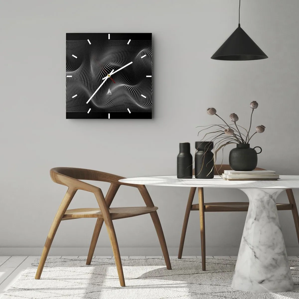 Horloge murale - Pendule murale - Lignes blanches abstraites sur fond noir - 30x30cm - Danse de lumière dans l'espace - Décoration murale moderne pour le salon et la chambre ARTTOR
