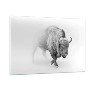 Impression sur verre - Image sur verre - Illustration en noir et blanc d'un bison majestueux - 120x80cm - Roi de la prairie - Décoration murale moderne pour le salon et la chambre ARTTOR