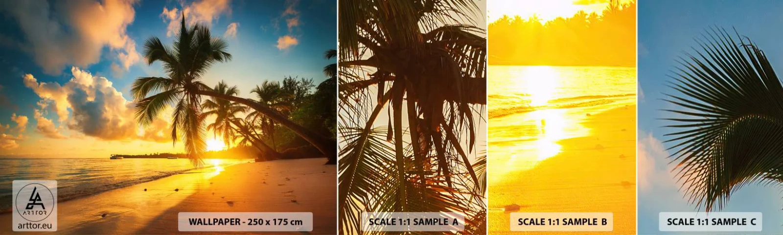 Échantillon de Papier Peint Autocollant Deluxe Sticker - Rêve caribéen - Paysage, Cocotier, Mer - 100x30 cm