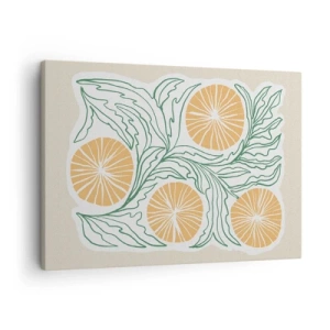Impression sur toile - Image sur toile - Un motif orange minimaliste avec des feuilles vertes - 70x50cm - Ethnique avec une pointe d'abstraction - Décoration murale moderne pour le salon et la chambre ARTTOR