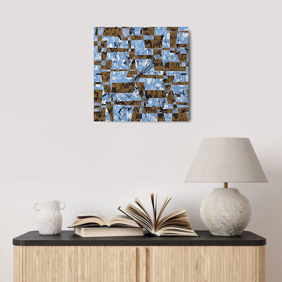 Horloge murale - Pendule murale - Une composition abstraite de rectangles dans des tons de marron et de bleu. - 30x30cm - Une découpe non humaine - Décoration murale moderne pour le salon et la chambre ARTTOR