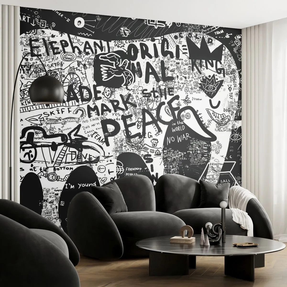 Papier Peint Photo Premium Sand - Graffiti noir et blanc avec des mots et des symboles - 100x70cm - La richesse des rues - Décoration murale moderne pour le salon et la chambre ARTTOR