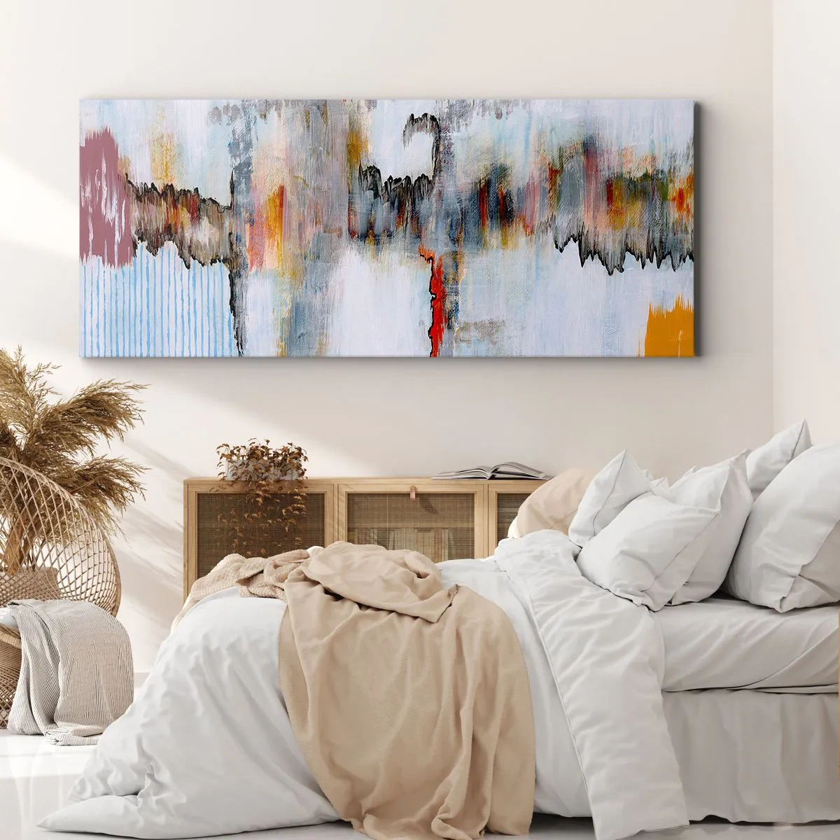Impression sur toile - Image sur toile - Motif abstrait aux couleurs vives sur fond clair - 120x50cm - Un bâton sur l'eau - Décoration murale moderne pour le salon et la chambre ARTTOR