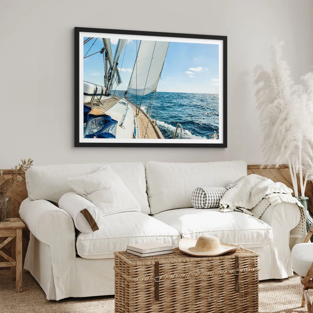 Affiche dans un cadre noir - Poster - Un voilier sur une mer calme sous un ciel bleu - 70x50cm - Ohé, l'aventure - Décoration murale moderne pour le salon et la chambre ARTTOR