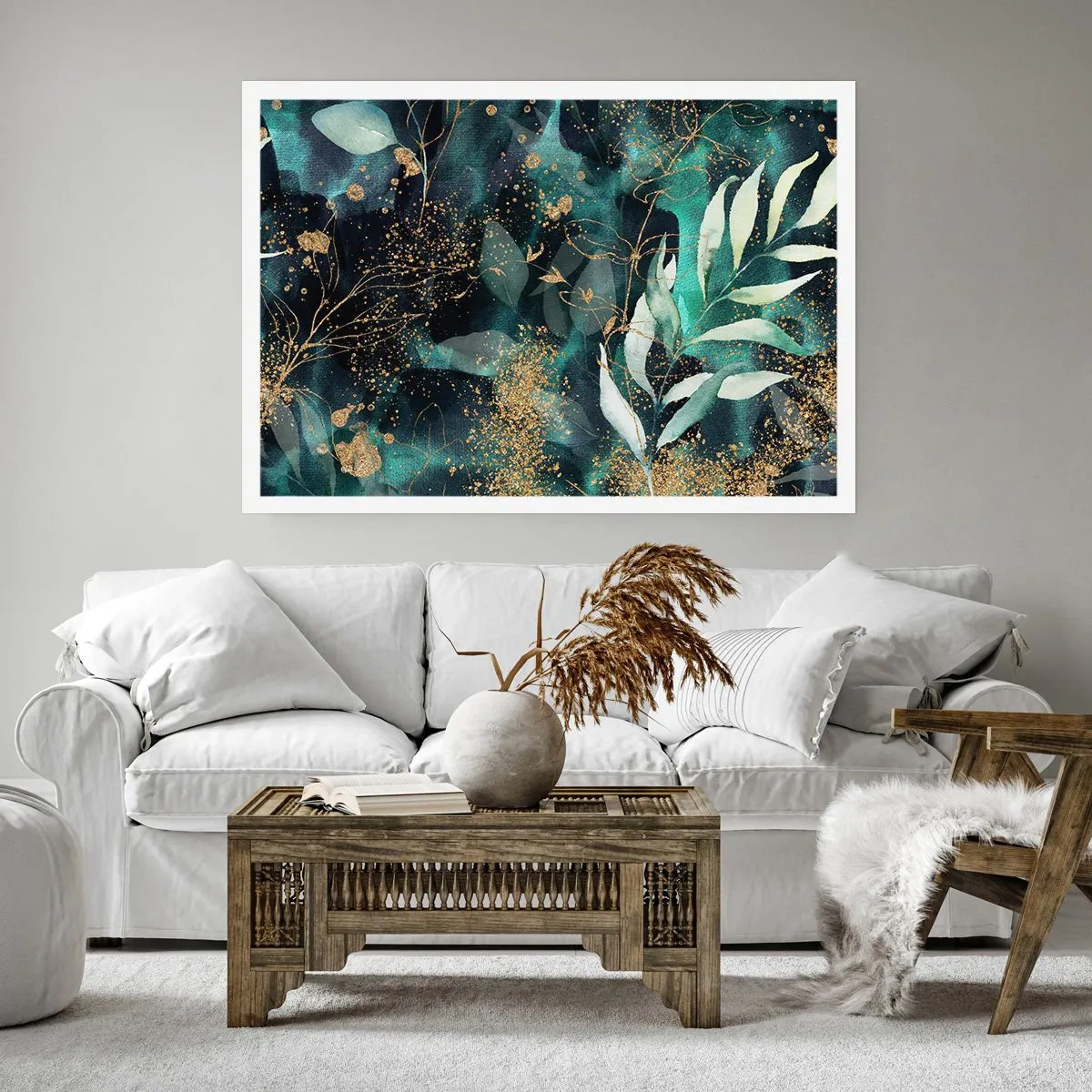 Affiche - Poster - Feuilles élégantes sur un fond sombre avec des accents dorés - 100x70cm - Jardin magique - Décoration murale moderne pour le salon et la chambre ARTTOR