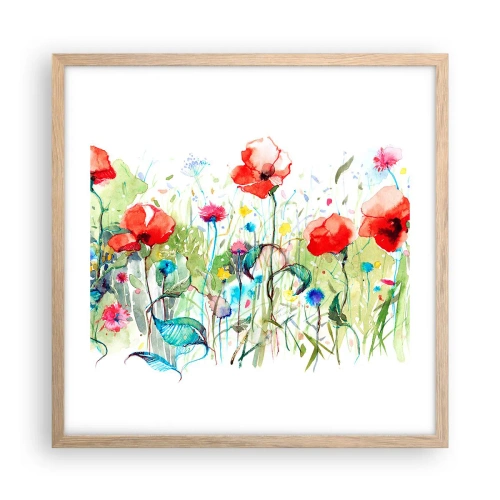 Affiche dans un chêne clair - Poster - Prairie de fleurs en mai - 50x50 cm
