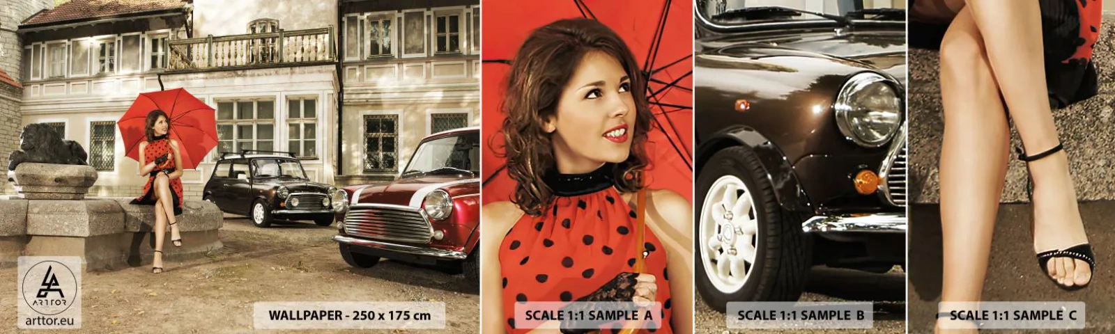 Échantillon De Papier Peint Standard Eco - Un mini-voyage sentimental - Femme, Architecture, Voiture - 100x30 cm