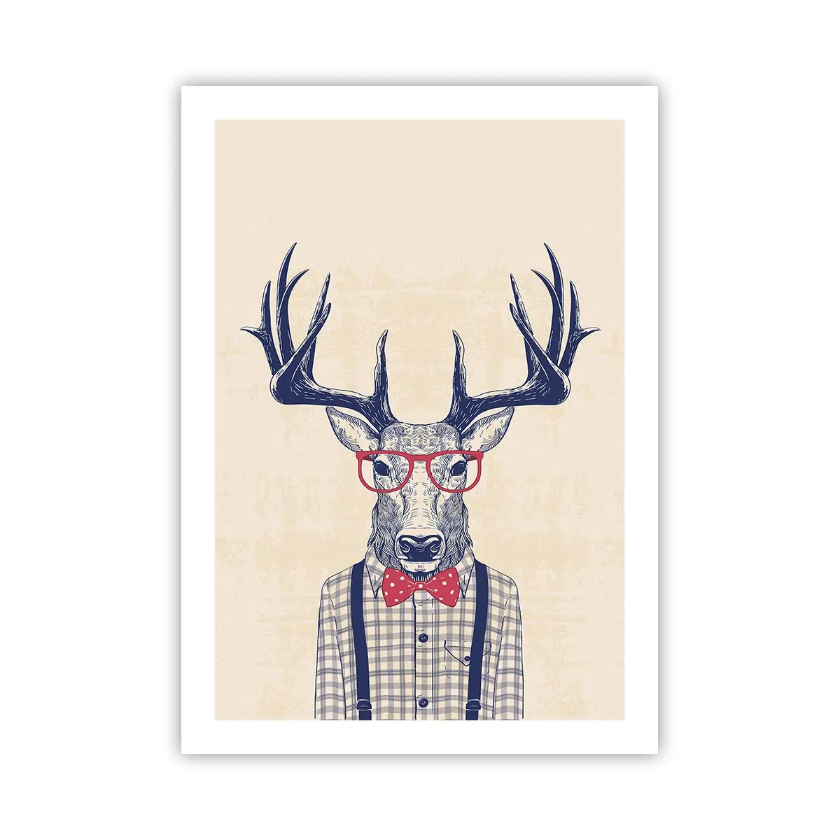 Affiche - Poster - Cerf élégant avec des lunettes et un nœud papillon sur fond beige - 50x70cm - Une extravagance amusante - Décoration murale moderne pour le salon et la chambre ARTTOR